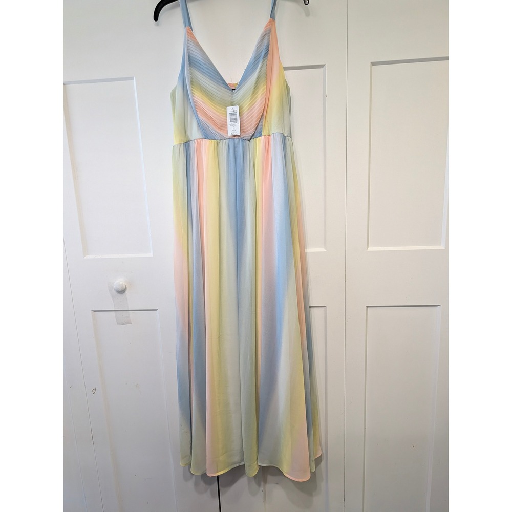 Torrid Sorbet Stripe Chiffon Maxi Dress 1X 14-16 Rainbow Pastel V-Neck 13157838